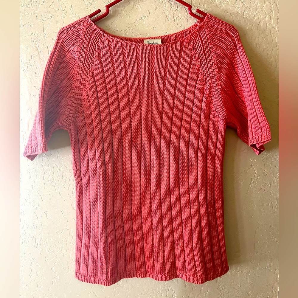 Vintage Neiman Marcus Sweater M 100% Cotton Magenta Pink Light Red Short Sleeve